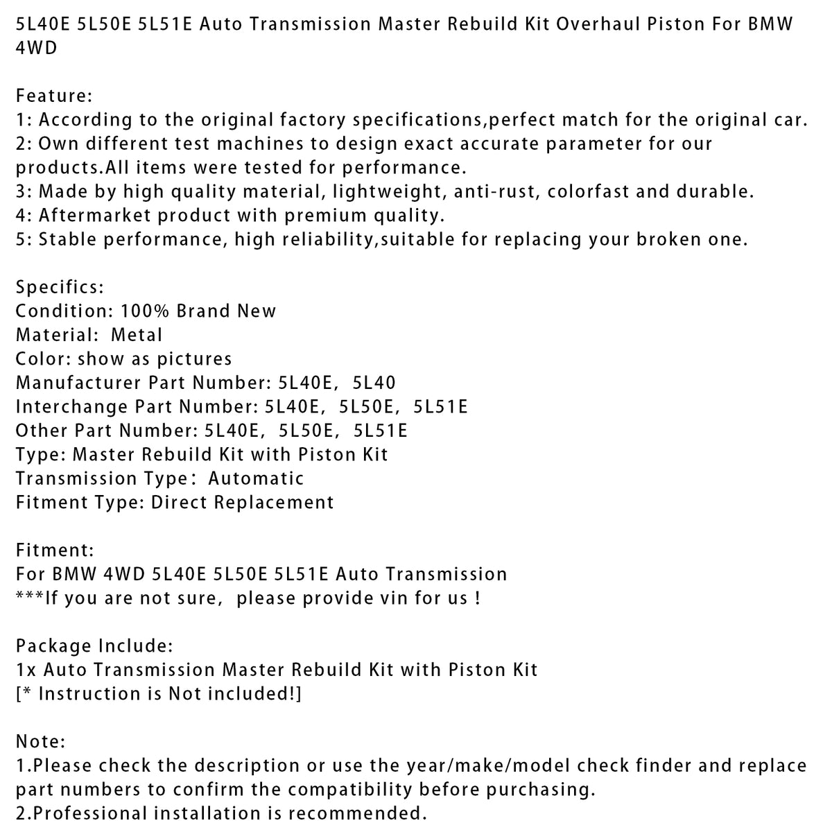 BMW 4WD 5L40E 5L50E 5L51E Auto Transmission Auto Transmission Master Rebuild Overhaul Piston Generic