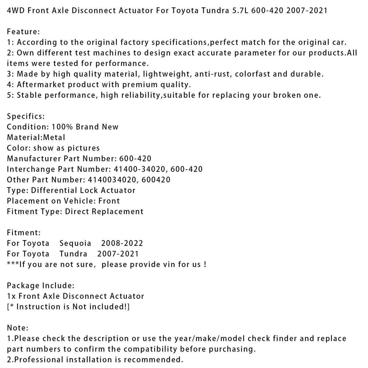2008-2022 Toyota ? ?Sequoia ? 4WD Front Axle Disconnect Actuator 600-420 41400-34020 Generic