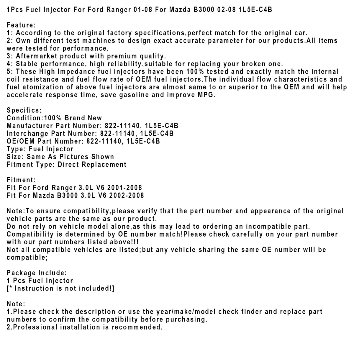 2001-2008 Ford Ranger 3.0L V6 1Pcs Fuel Injector 822-11140 1L5E-C4B Generic
