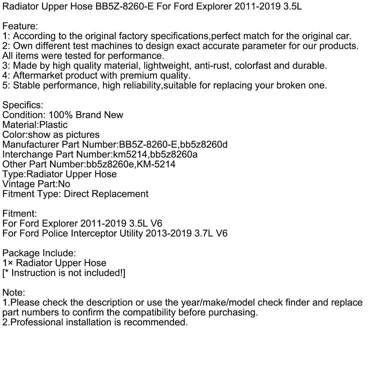 2013-2019 Ford Police Interceptor Utility 3.7L V6 Radiator Upper Hose bb5z8260a km5214 Generic