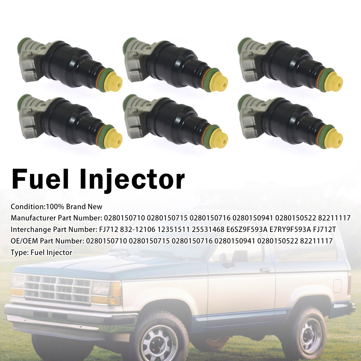 1987-1996 Ford E-150 Econoline Club Wagon 4.9L L6 6Pcs Fuel Injector 12351511 0280150710 Generic