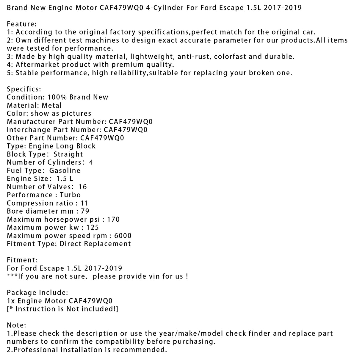 2017-2019 Ford Escape 1.5L Engine Motor 4-Cylinder CAF479WQ0 Generic