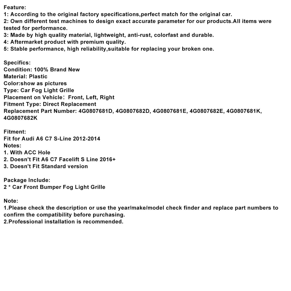 2012-2014 Audi A6 C7 S-Line 2PCS Car Front Bumper Fog Light Grille 4G0807681K 4G0807682E Generic