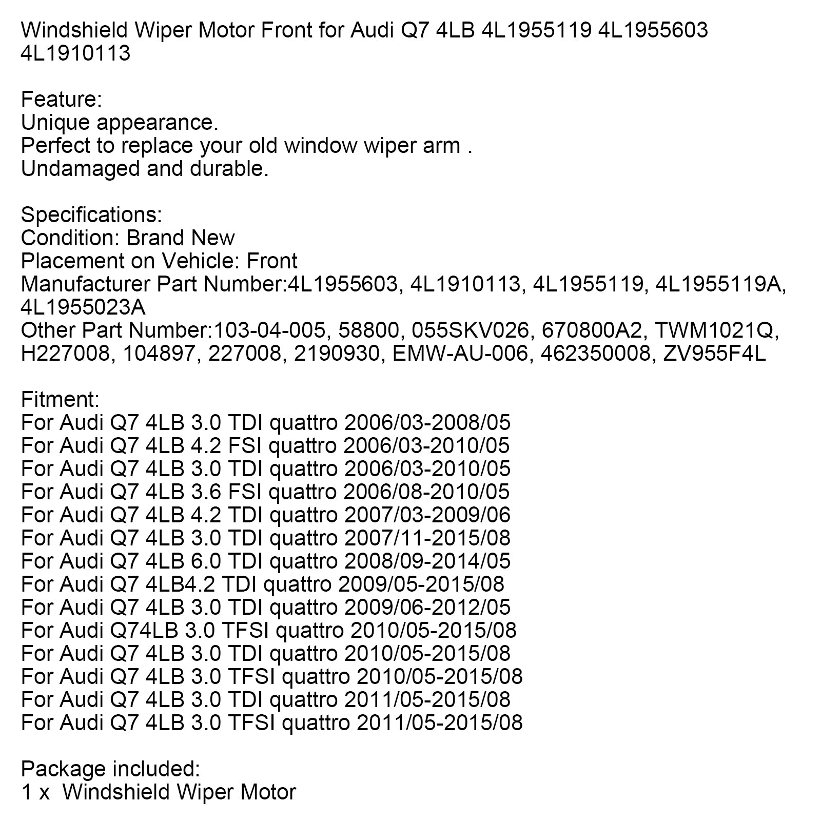 Windshield Wiper Motor Front for Audi Q7 4LB 4L1955119 4L1955603 4L1910113