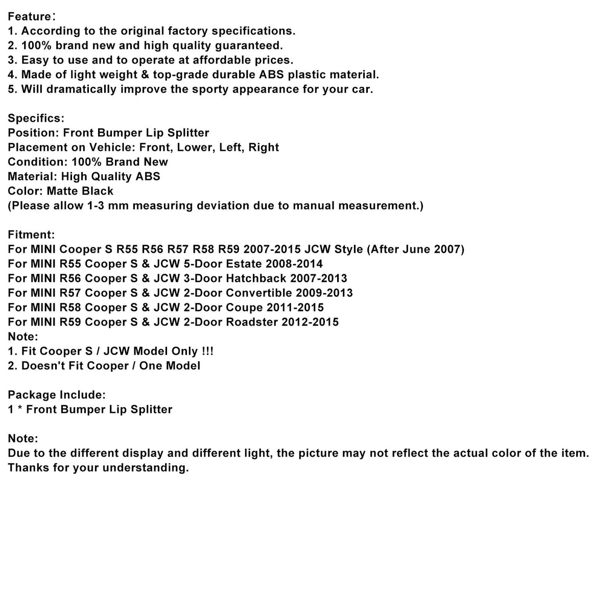 2012-2015 MINI R59 Cooper S & JCW 2-Door Roadster Front Bumper Spoiler Lip Splitter Generic