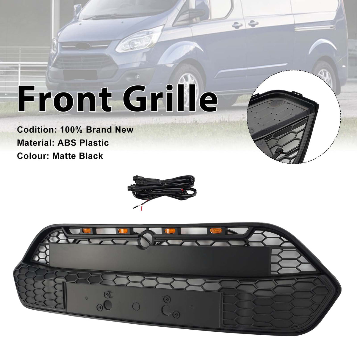 2013-2017 Ford Transit Custom Raptor Style (Doesn't MSRT Custom!!!) Matte Black Front Bumper Grille Grill W/LED Generic