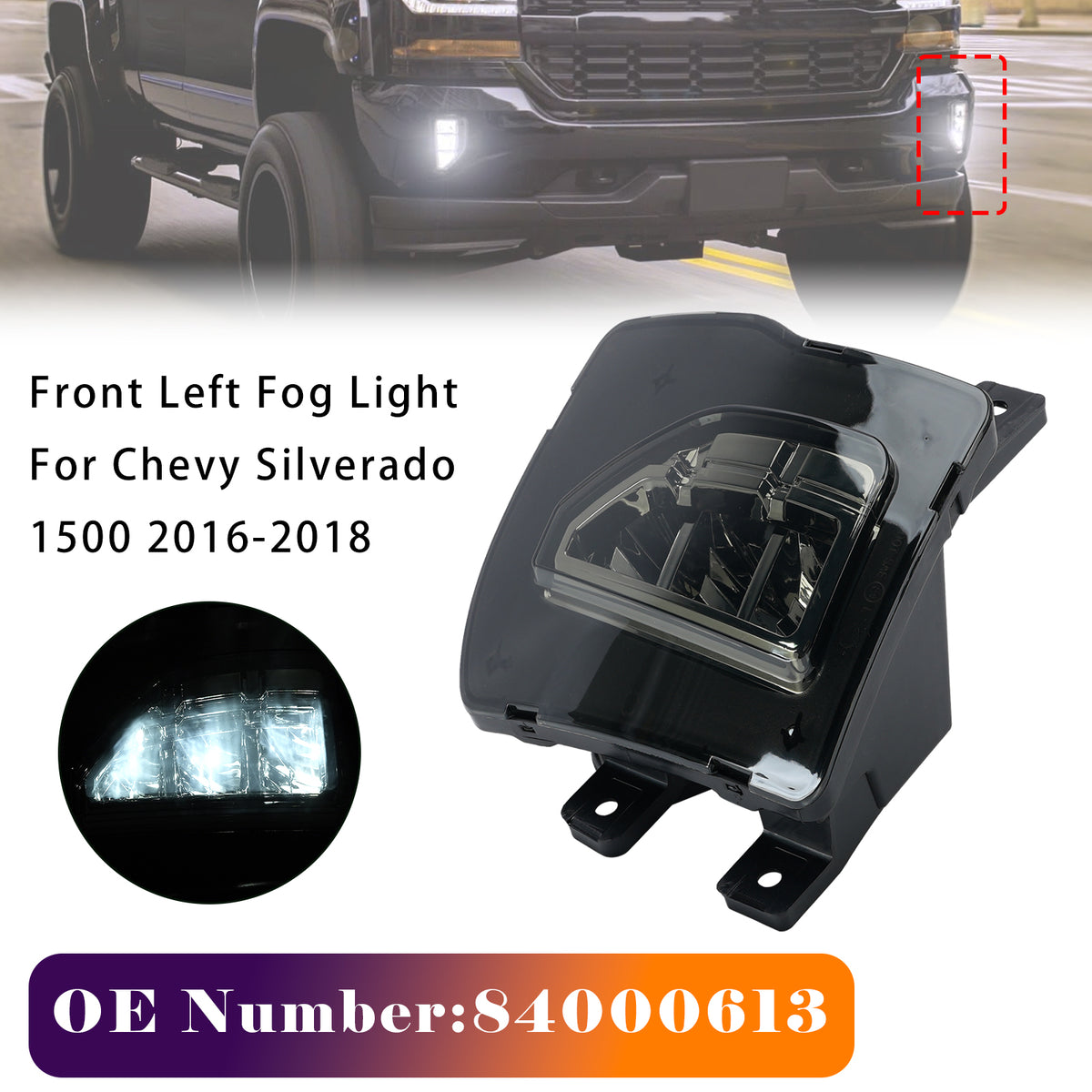 2016-2018 Chevy Silverado 1500 Front Left Fog Light 84000613 Generic