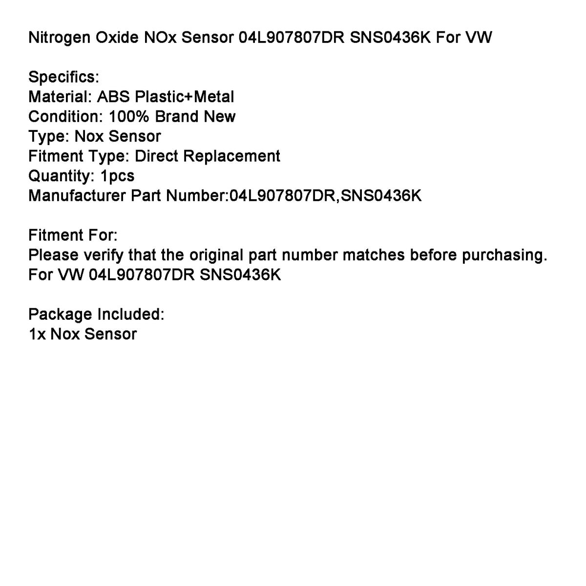 VW 04L907807DR SNS0436K Nitrogen Oxide NOx Sensor Generic