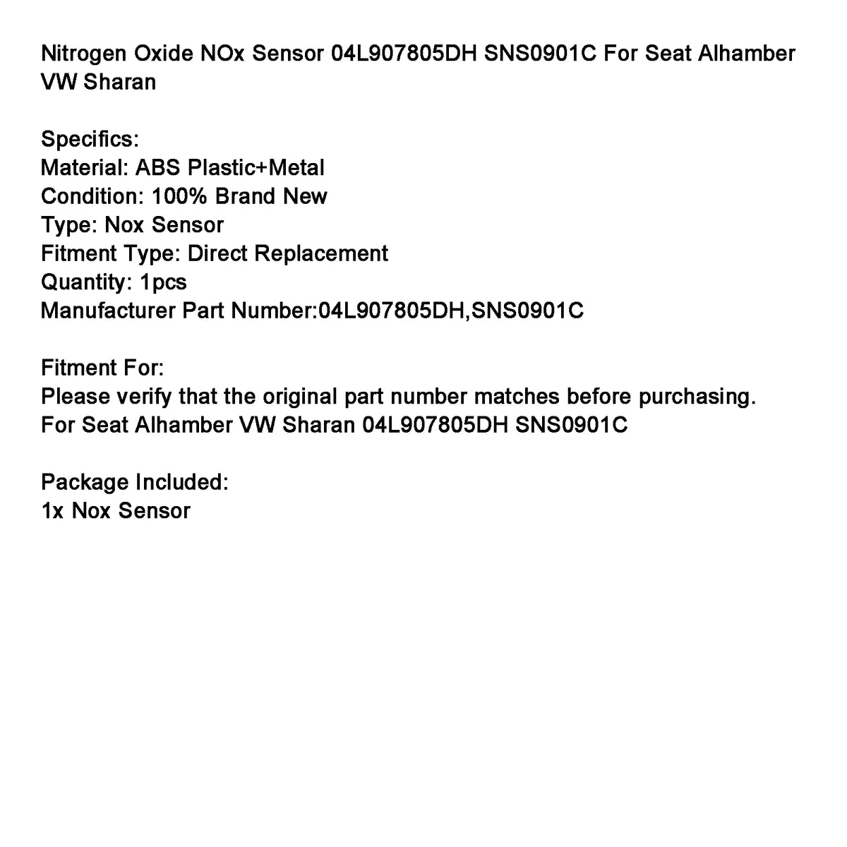 Seat Alhambra VW Sharan 04L907805DH SNS0901C NOx Sensor Generic