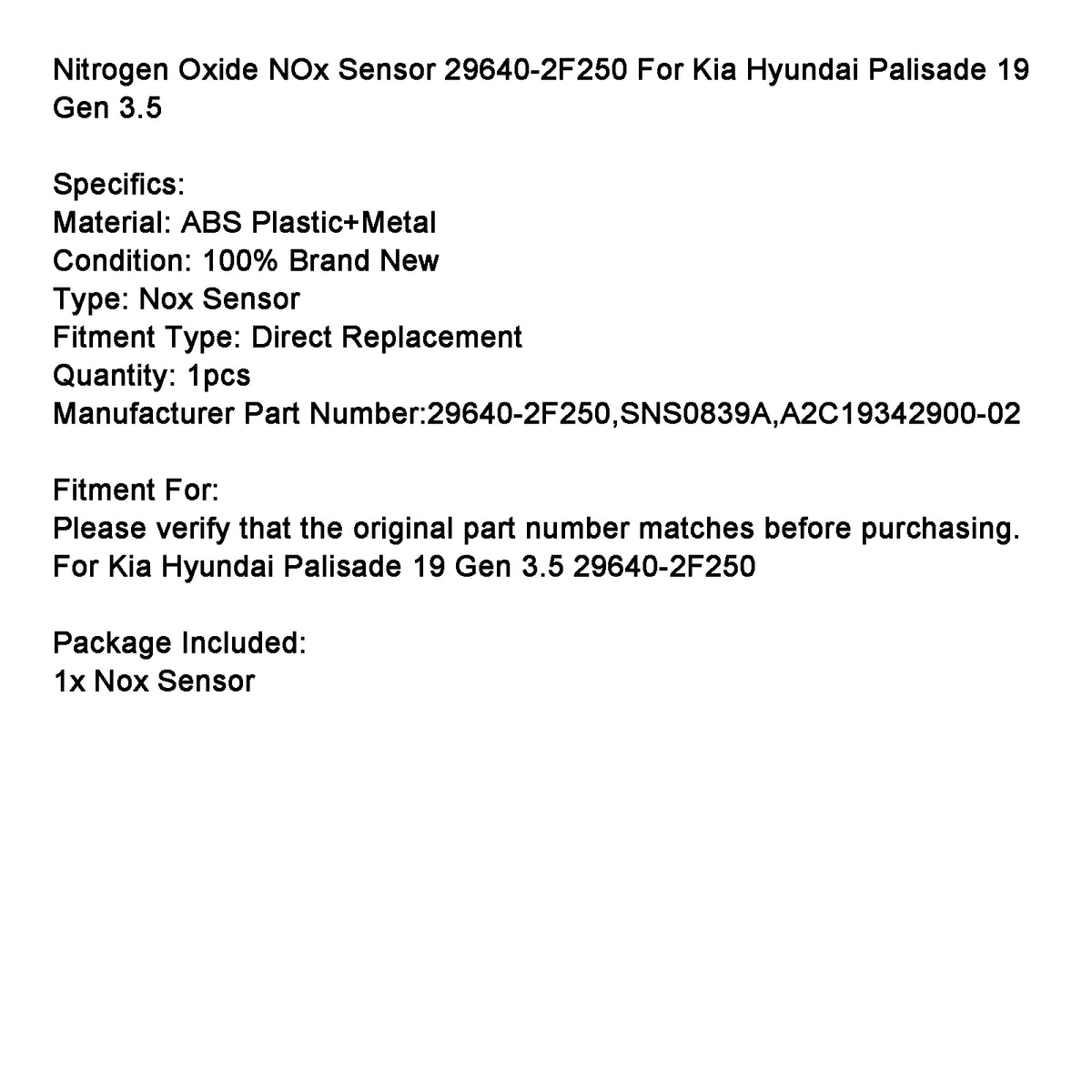 Kia Hyundai Palisade 19 Gen 3.5 29640-2F250 Nitrogen NOx Sensor SNS0839A A2C19342900-02 Generic