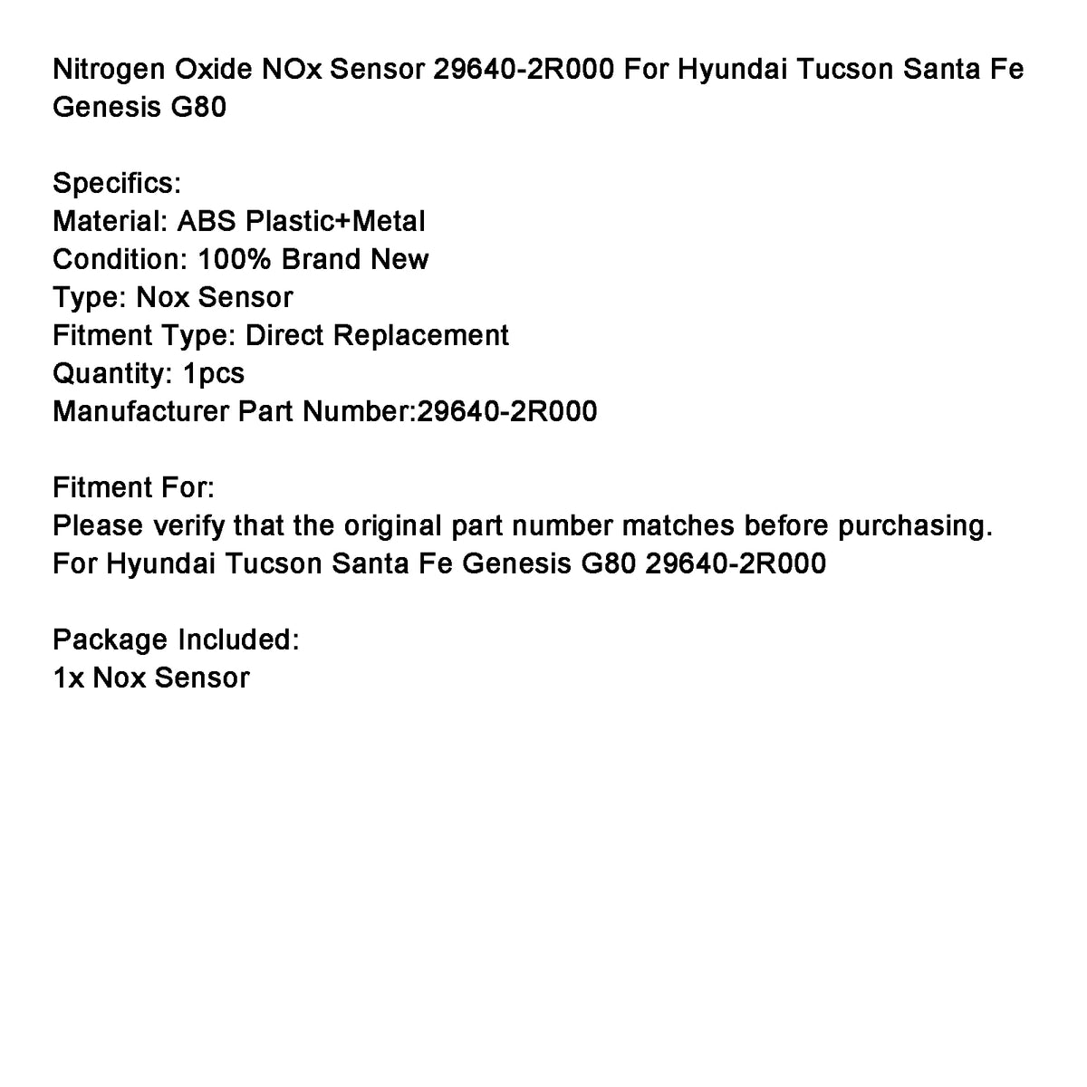 Hyundai Tucson Santa Fe Genesis G80 29640-2R000 Nitrogen NOx Sensor Generic