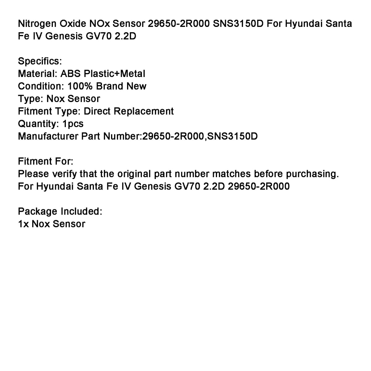 Hyundai Santa Fe IV Genesis GV70 2.2D 29650-2R000 NOx Sensor SNS3150D Generic
