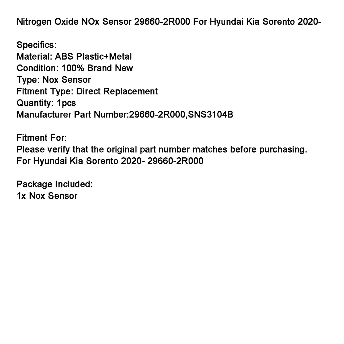 2020- Hyundai Kia Sorento 29660-2R000 Nitrogen NOx Sensor SNS3104B Generic