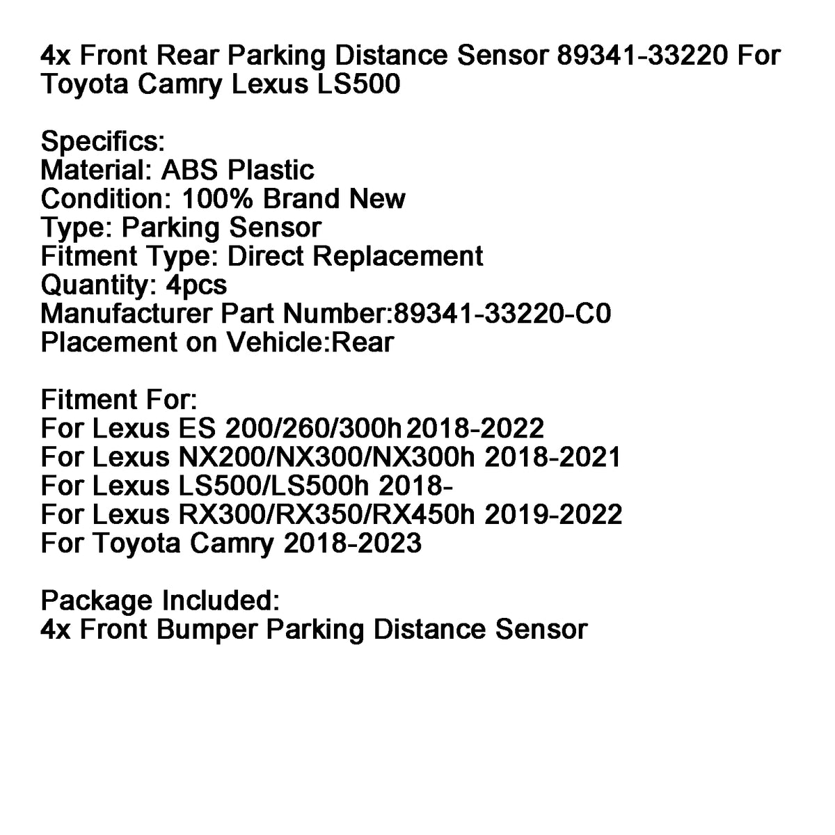 2018- Lexus LS500/LS500h 4x Parking Distance Sensor 89341-33220-C0 Generic