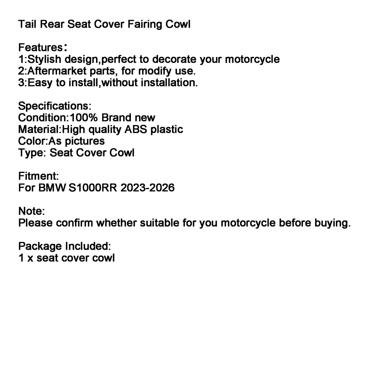 2023-2026 BMW S1000RR Rear Seat Cover Passenger Fairing Cowl Red Generic