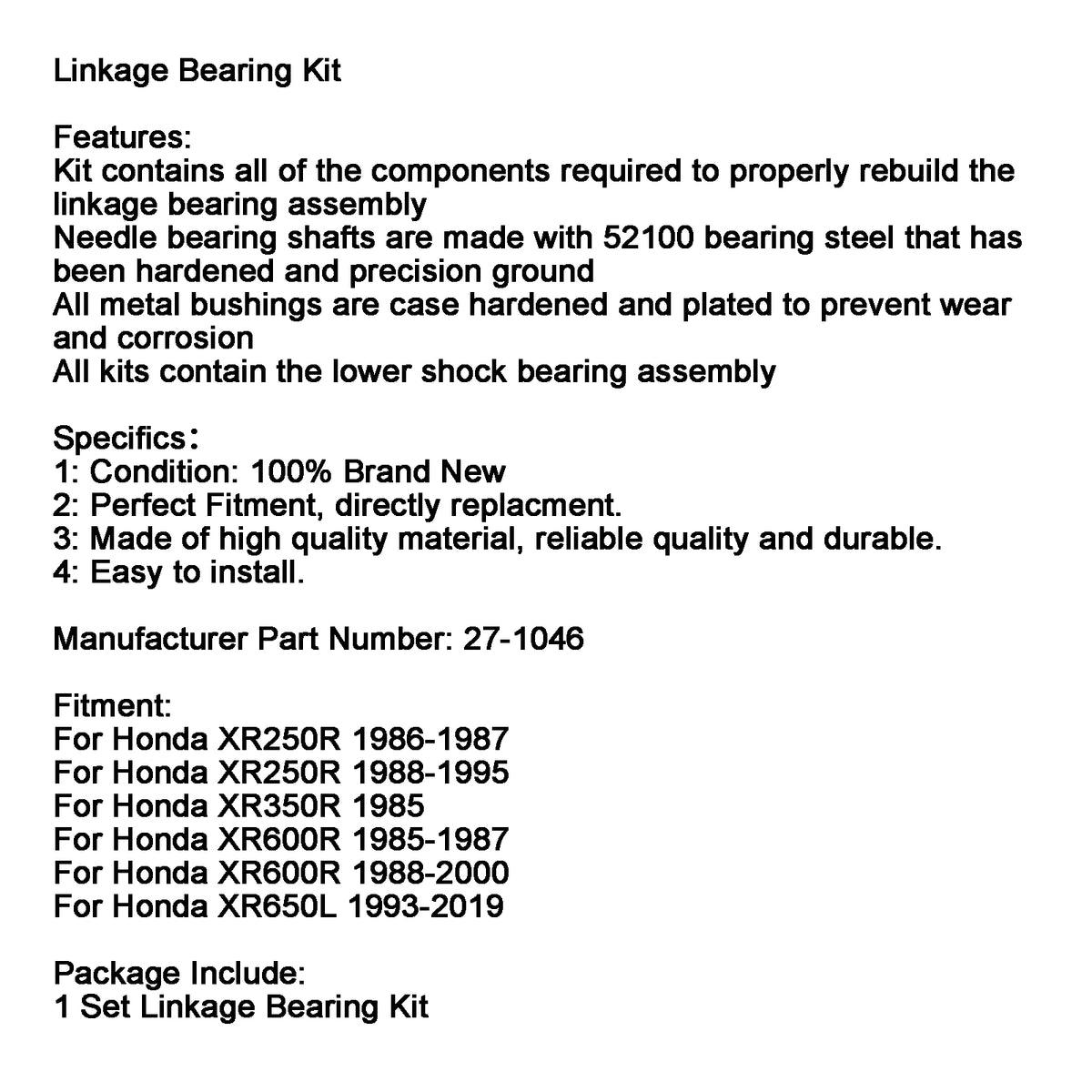 1988-1995 Honda XR250R Linkage Bearing Kit 27-1046 Generic