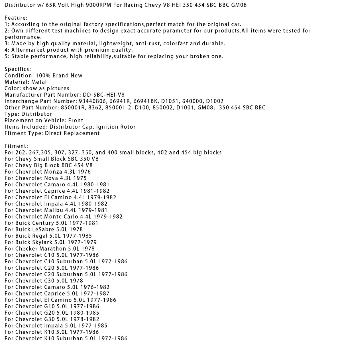1975-1978 Chevrolet Corvette 5.7L Distributor w/ 65K Volt High 9000RPM DD-SBC-HEI-V8 93440806 Generic
