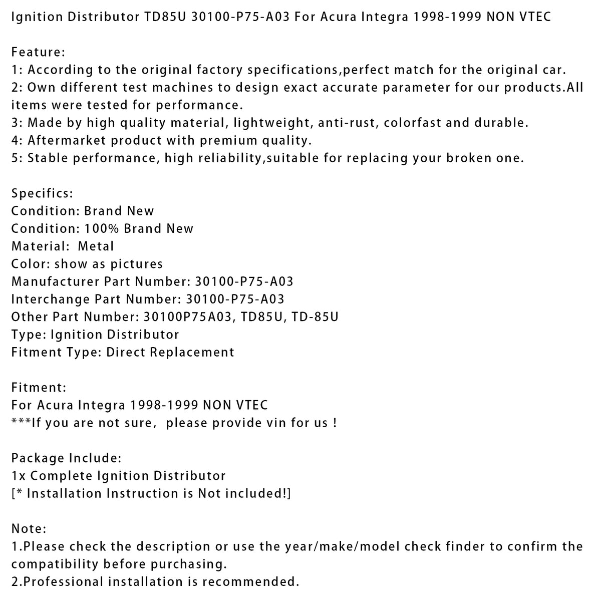1998-1999 Acura Integra NON VTEC Ignition Distributor 30100-P75-A03 30100P75A03 Generic