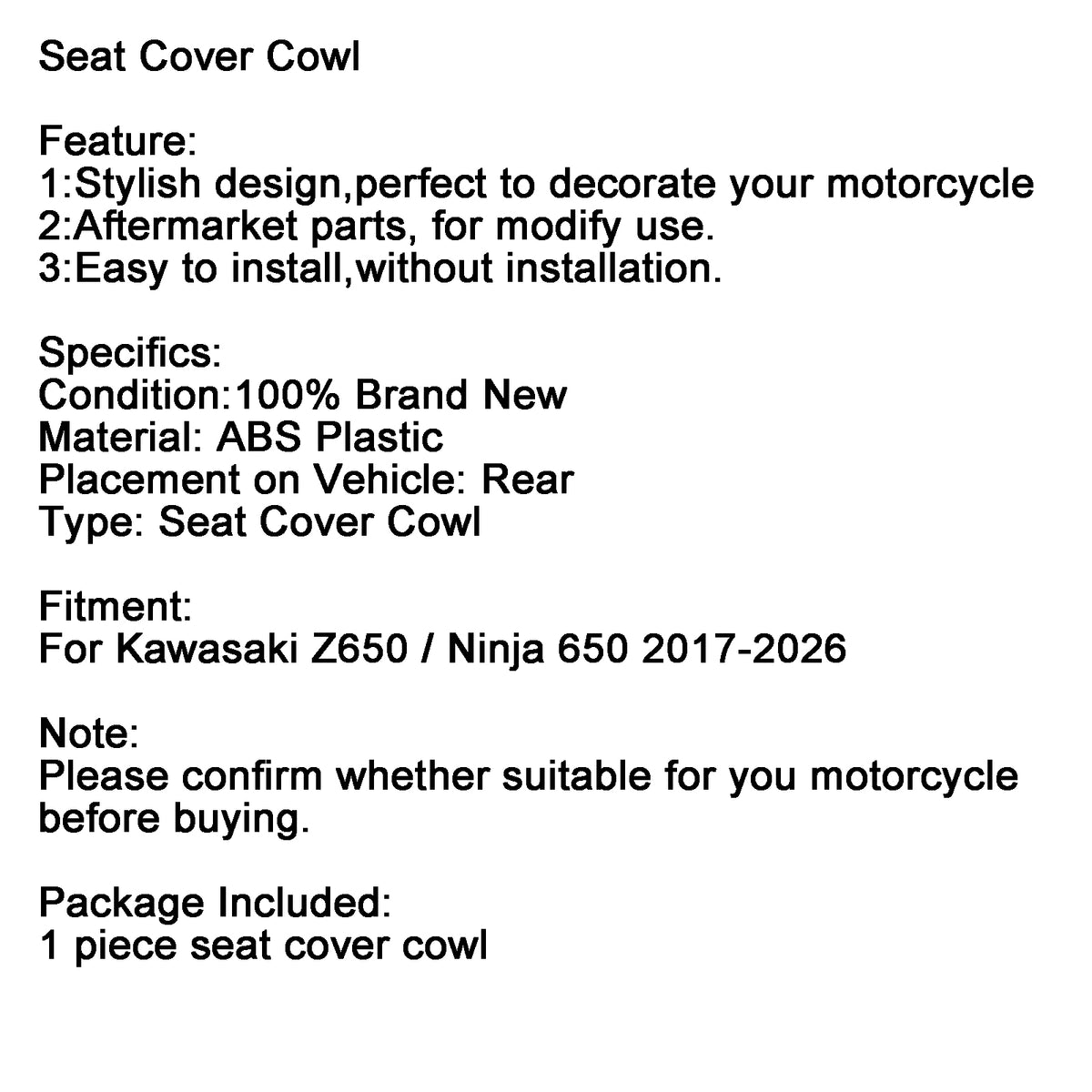 2017-2026 Kawasaki Z650/Ninja 650 Housse de carénage de capot de siège arrière générique