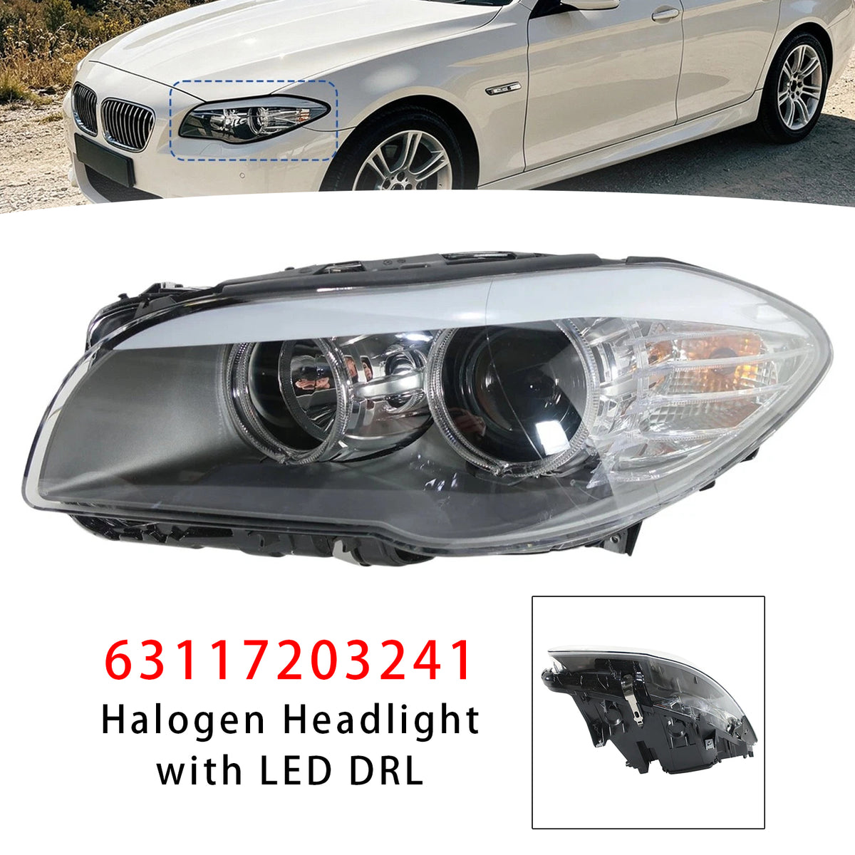 2010-2013 BMW 5 Series F10 F11 Front Left Halogen Headlight With LED DRL 63117203241 63115B8D143 Generic