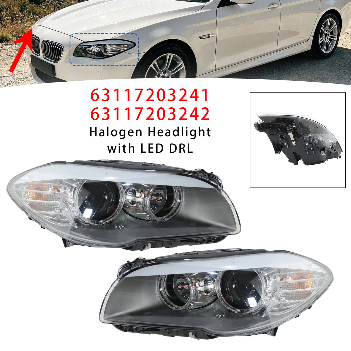 Saloon & Estate / Touring body styles Front Left+Right Halogen Headlight With LED DRL 63117203241 63117203242 Generic