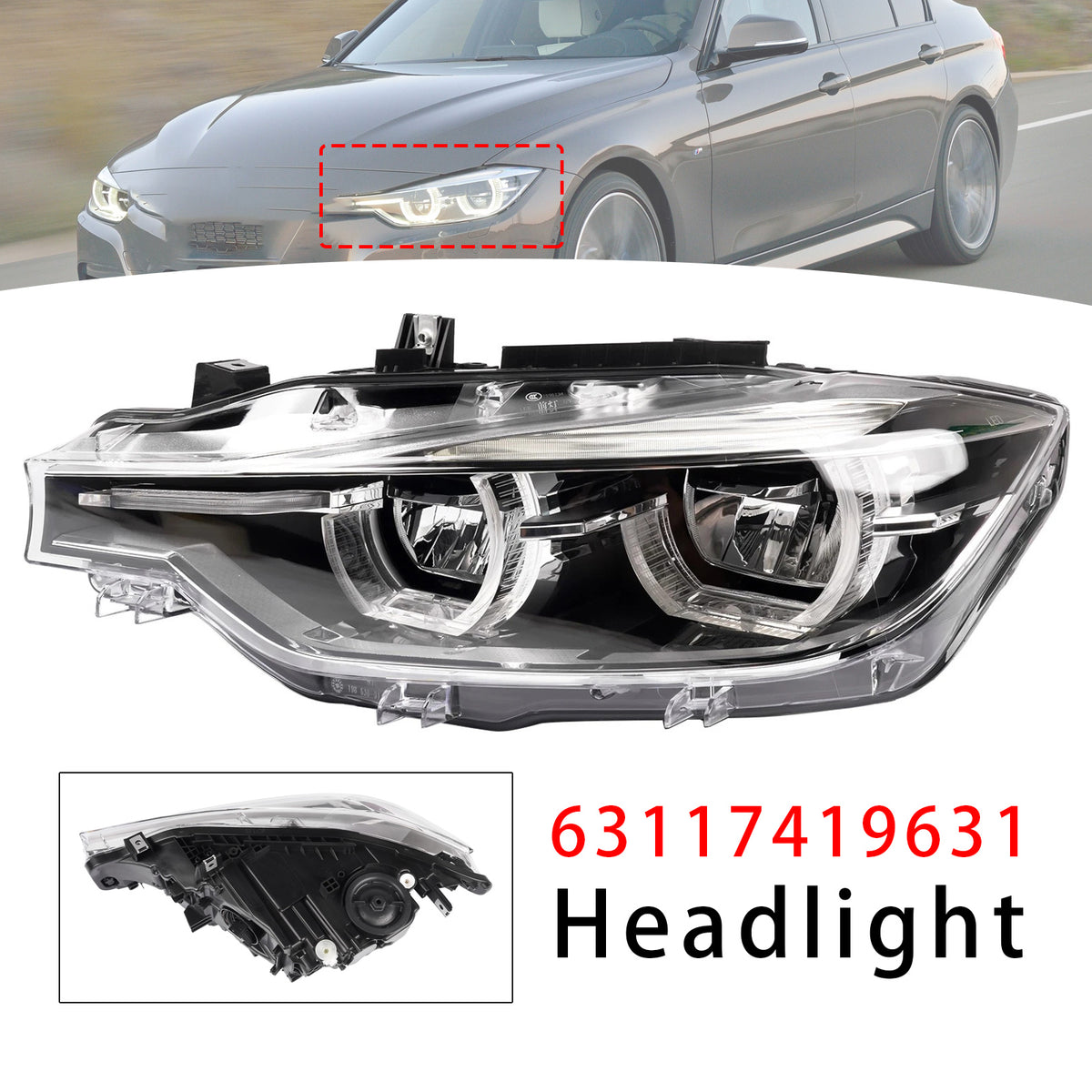 2015-2019 BMW 3 Series F30 F31 Front Left LED Headlight 63117419631 7419631 Generic