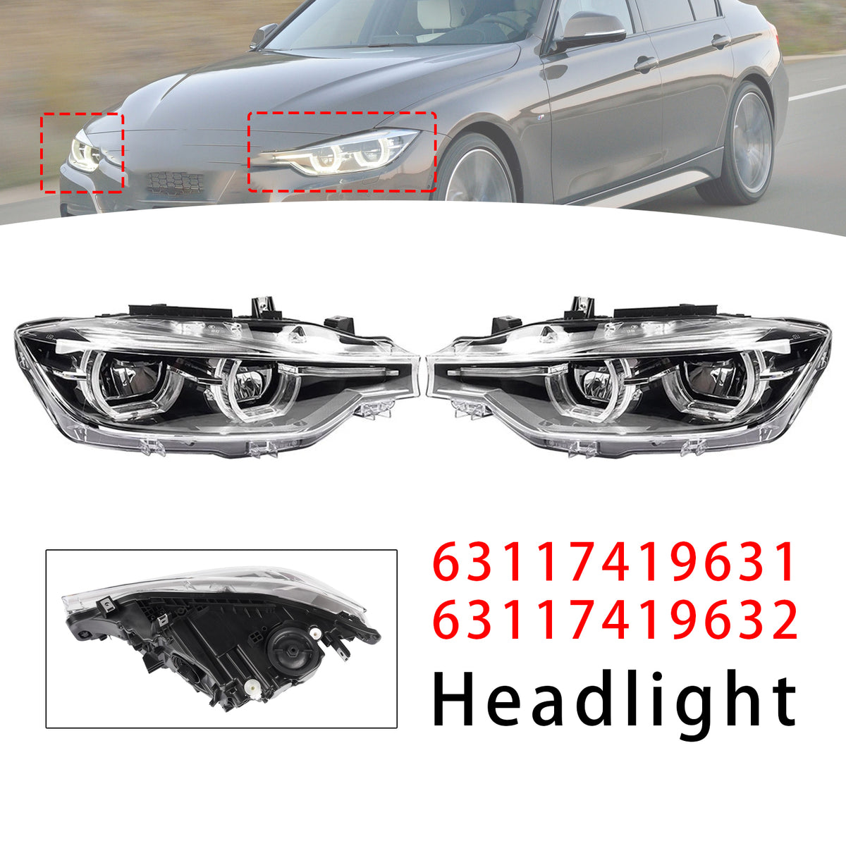 2015-2019 BMW 3 Series F30 F31 Front Left+Right LED Headlight 63117419631 63117419632 Generic