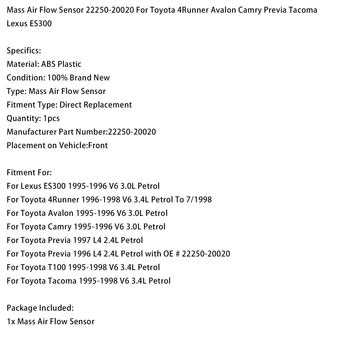 1995-1996 Lexus ES300 V6 3.0L Petrol Mass Air Flow Meter Sensor 22250-20020 Generic