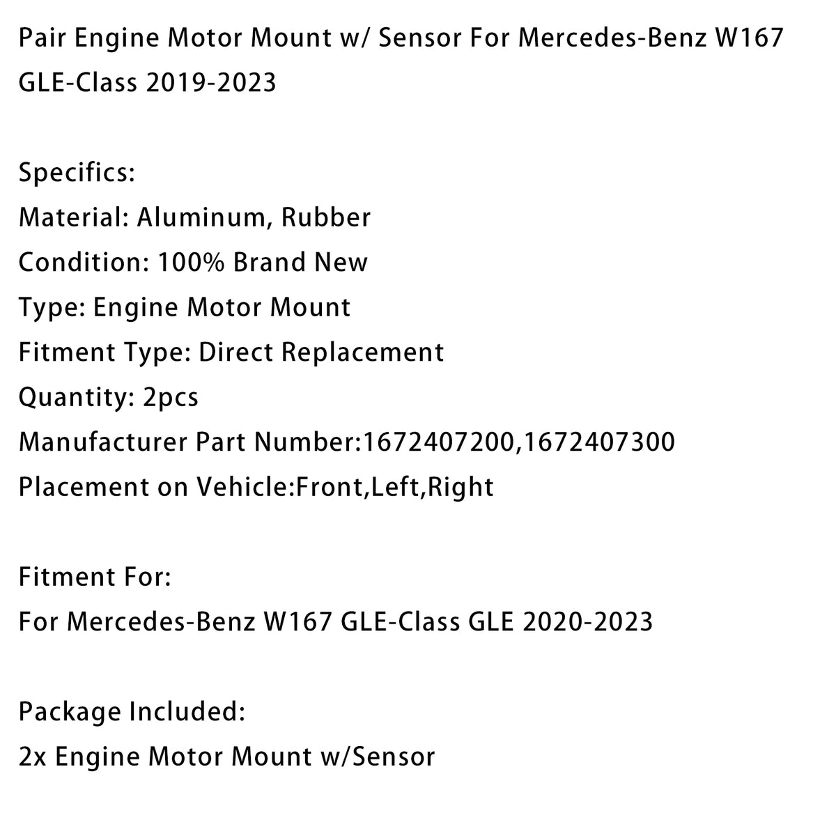 2020-2023 Mercedes-Benz W167 GLE-Class GLE Engine Motor Mount 1672407200 1672407300 Generic