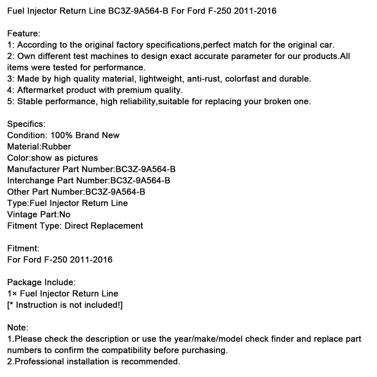 2011-2016 Ford F-250 Fuel Injector Return Line BC3Z-9A564-B Generic