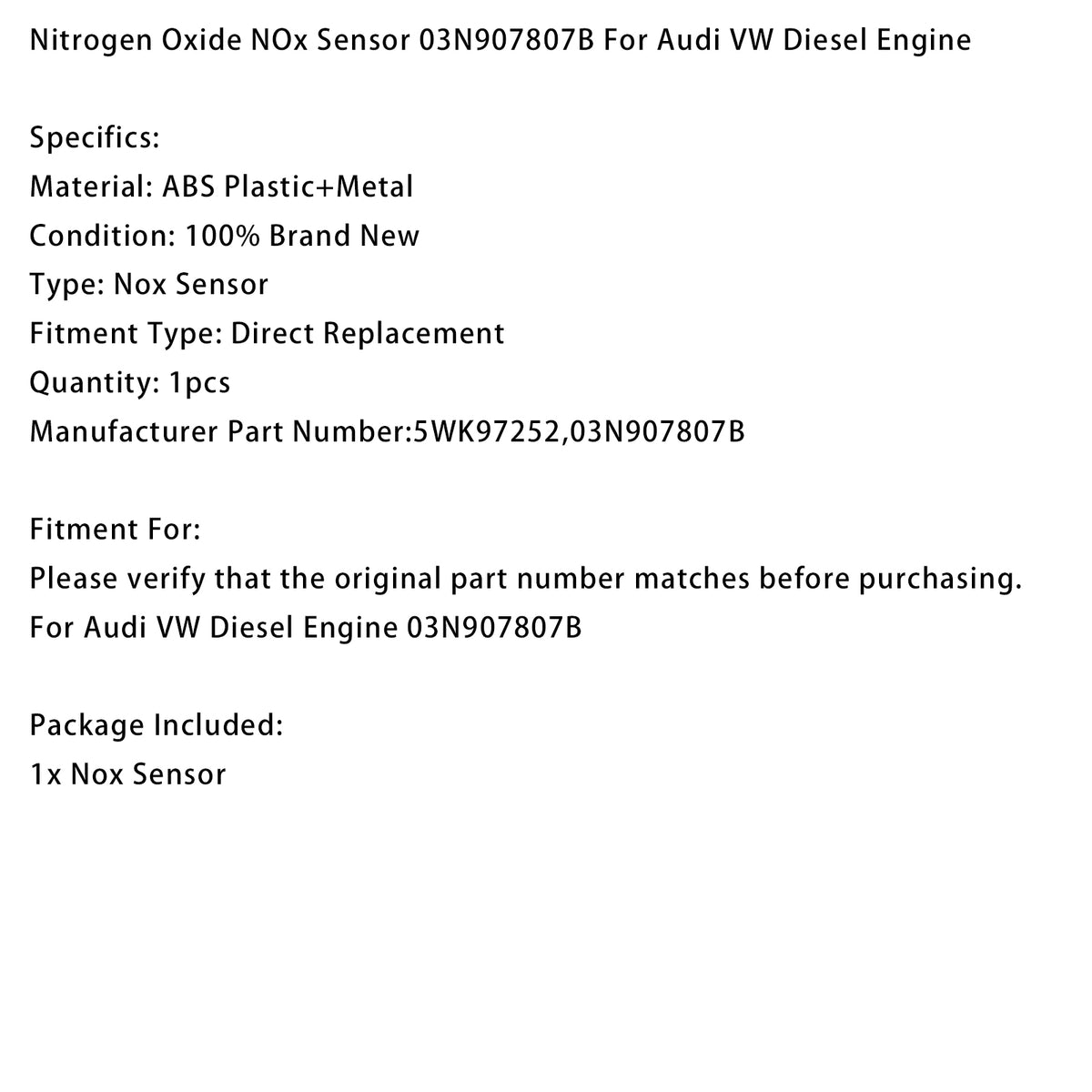 Nitrogen Oxide NOx Sensor 03N907807B For Audi VW Diesel Engine