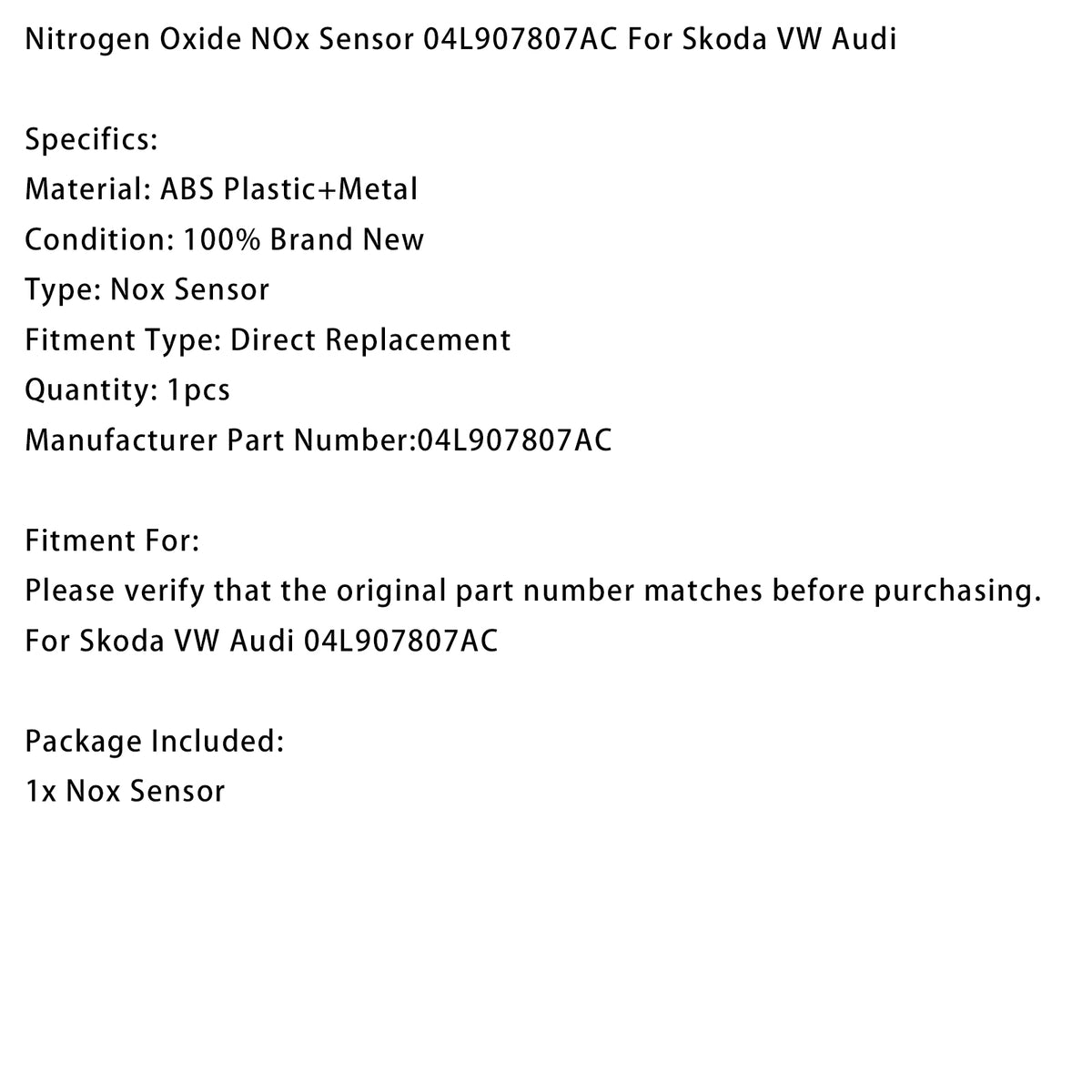 Nitrogen Oxide NOx Sensor 04L907807AC For Skoda VW Audi