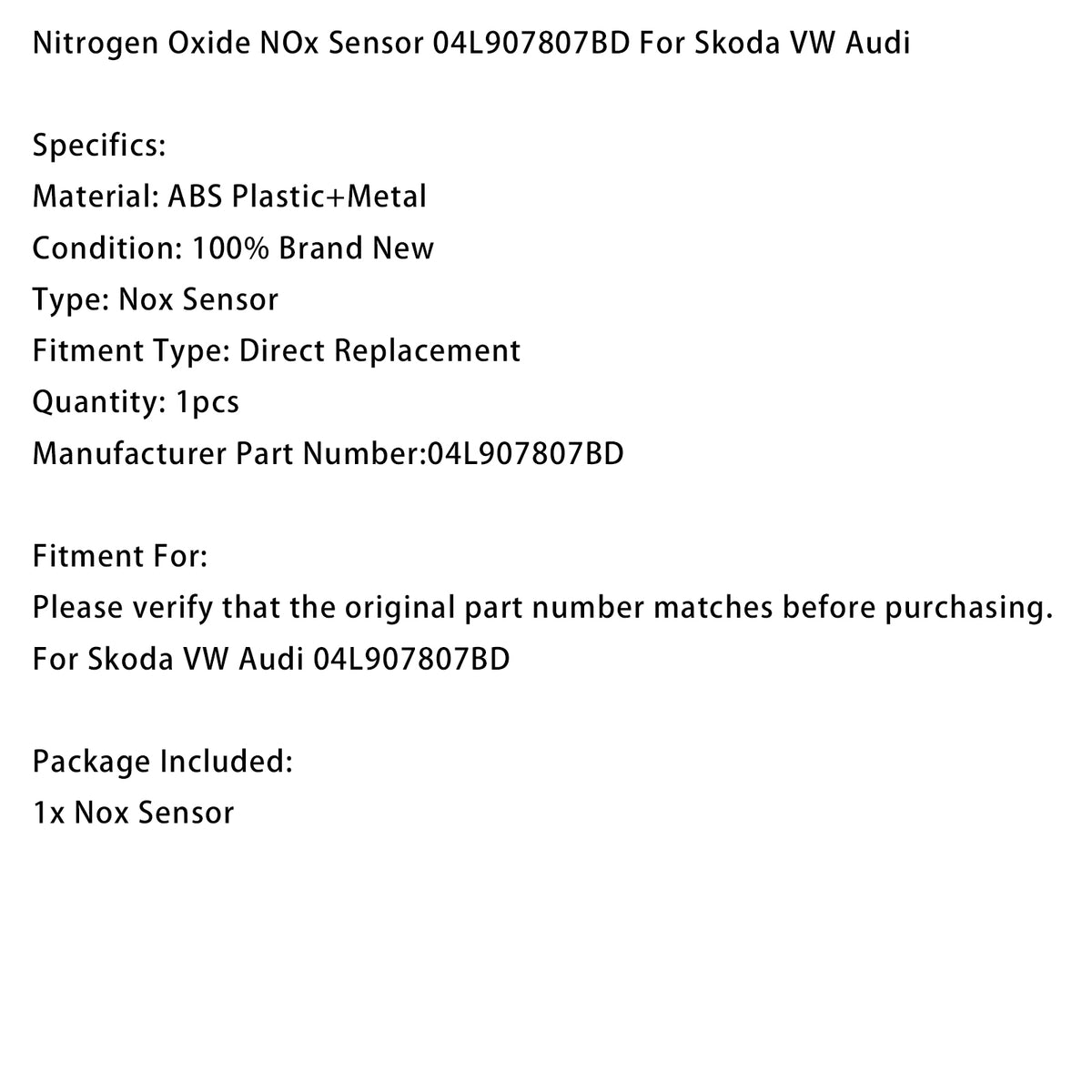 Nitrogen Oxide NOx Sensor 04L907807BD For Skoda VW Audi