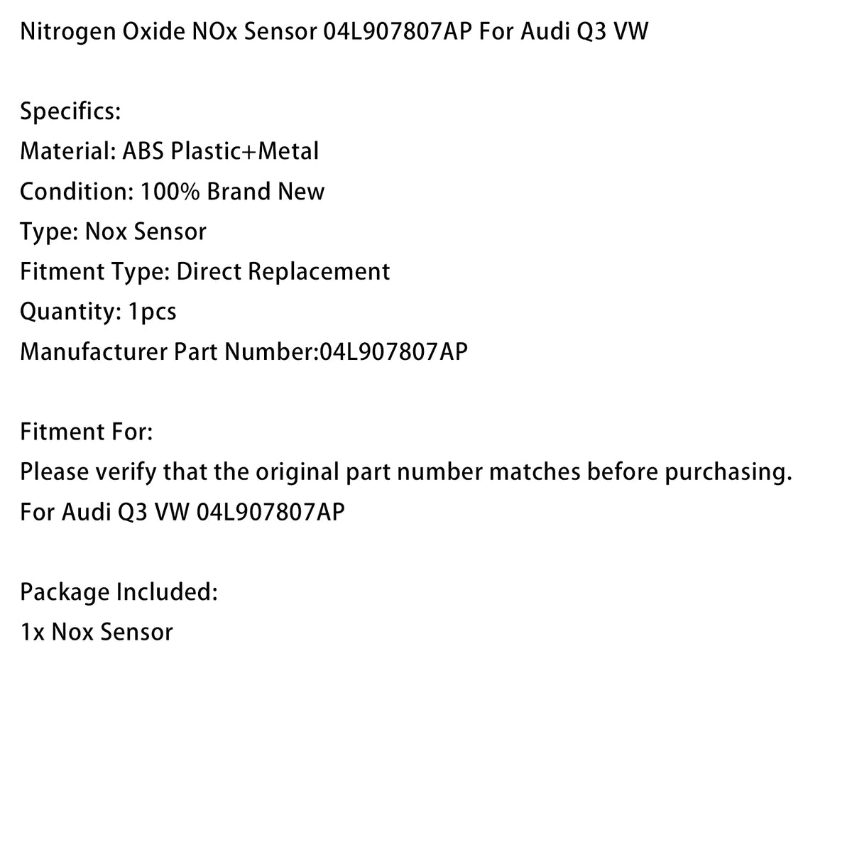 Audi Q3 04L907807AP Nitrogen Oxide NOx Sensor Generic