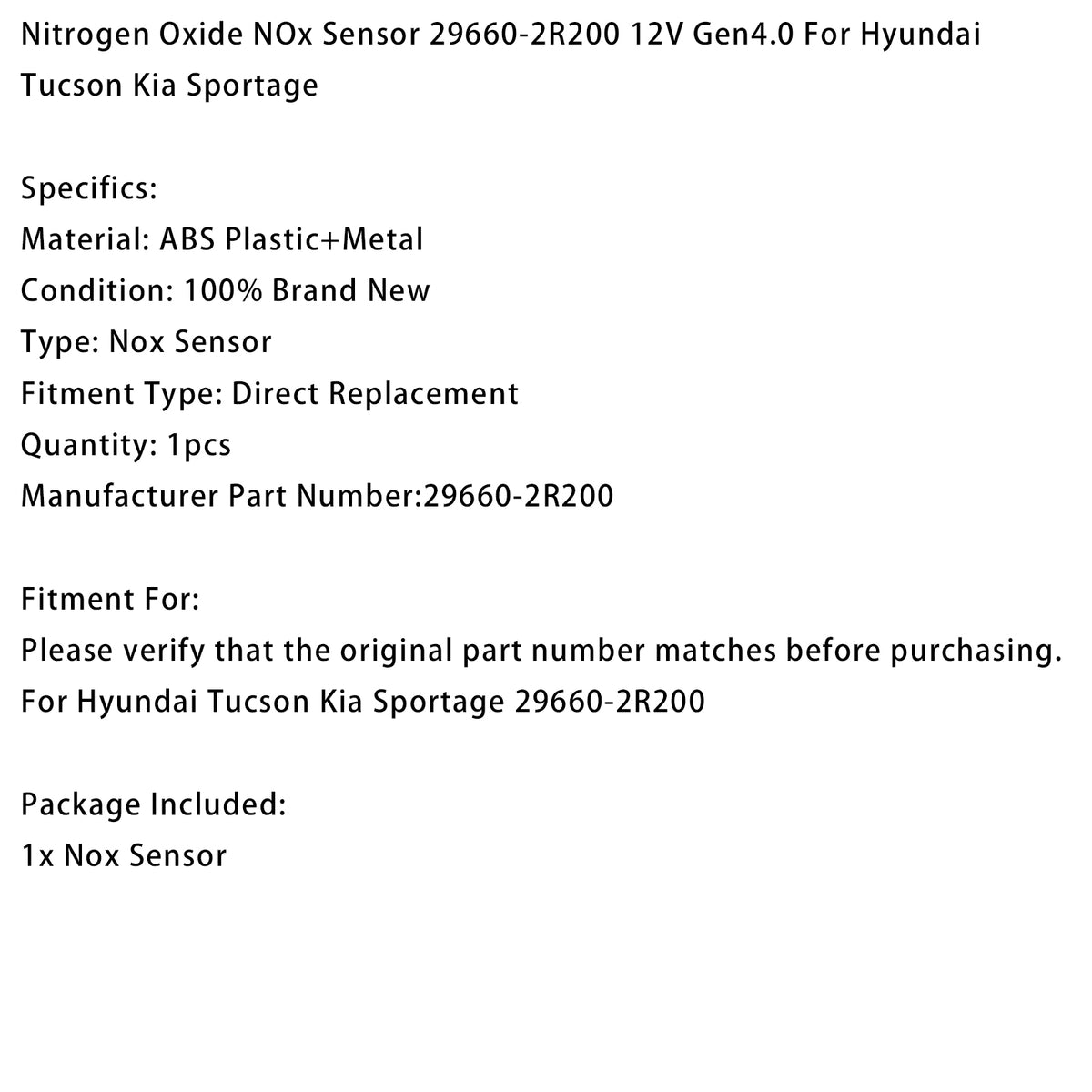 Hyundai Tucson 29660-2R200 NOx Sensor 12V Gen4.0 Generic