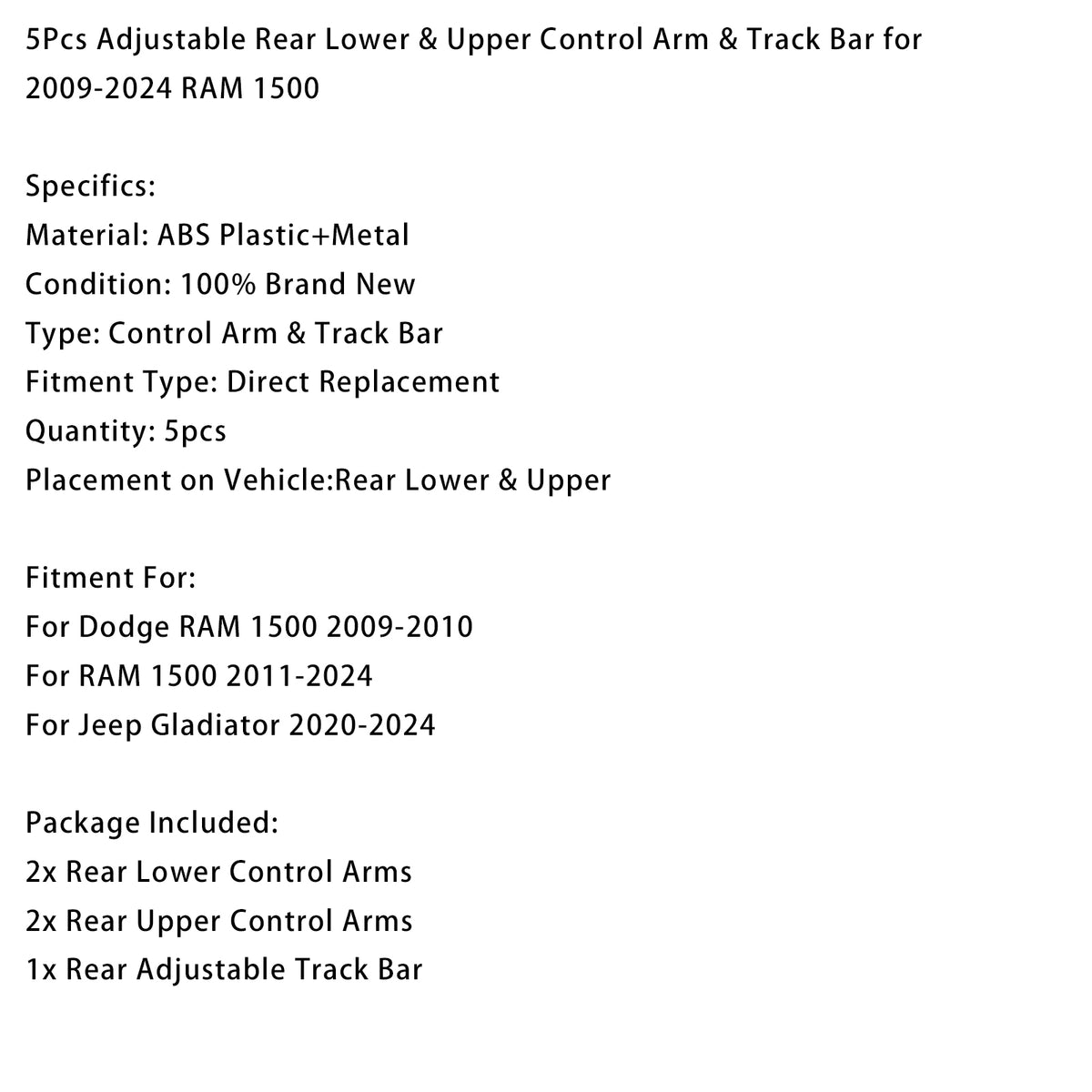 2009-2010 Dodge RAM 1500 5Pcs Adjustable Rear Lower & Upper Control Arm & Track Bar Generic