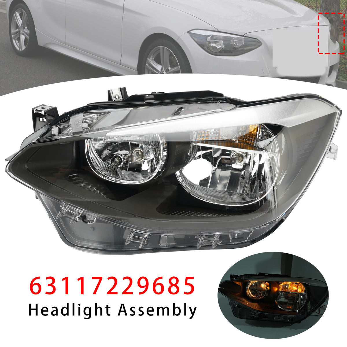BMW 1 Series F20 / F21 3 & 5 Door Hatchback Right Hand Drive Models Halogen Left Headlight 63117229685 1LG 010 741-091 Generic