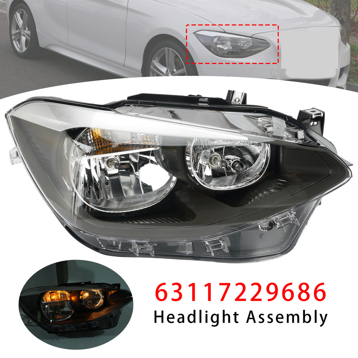 BMW 1 Series F20 / F21 3 & 5 Door Hatchback Right Hand Drive Models Halogen Right Headlight 63117229671 63117229686 Generic