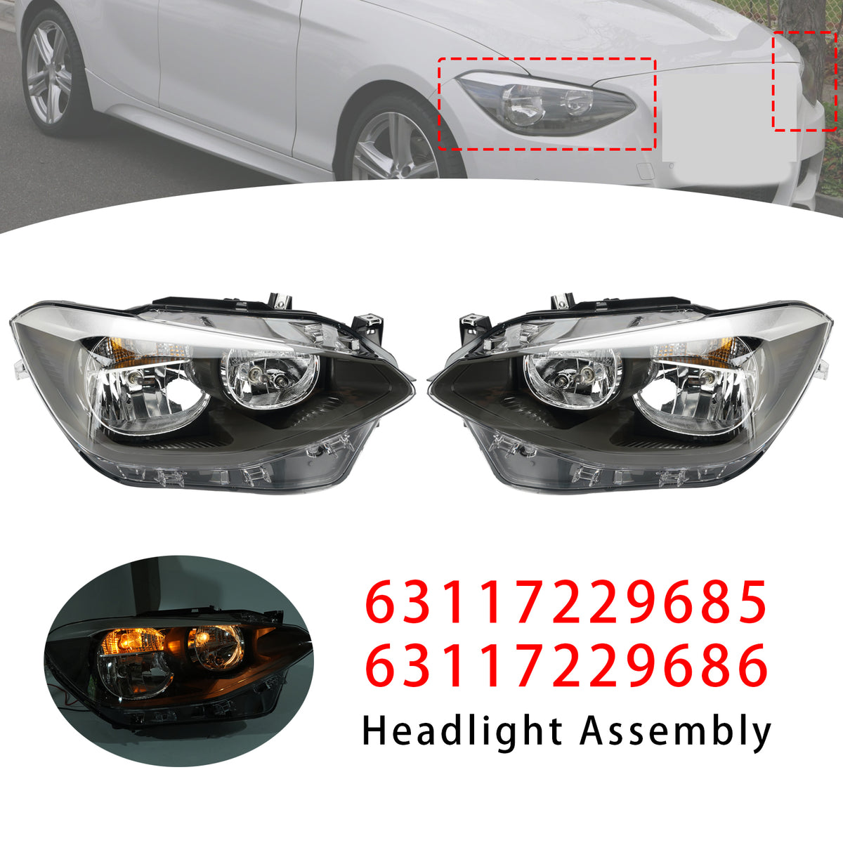 BMW 1 Series F20 / F21 3 & 5 Door Hatchback Right Hand Drive Models Halogen Left+Right Headlight 63117229685 1LG 010 741-091 Generic