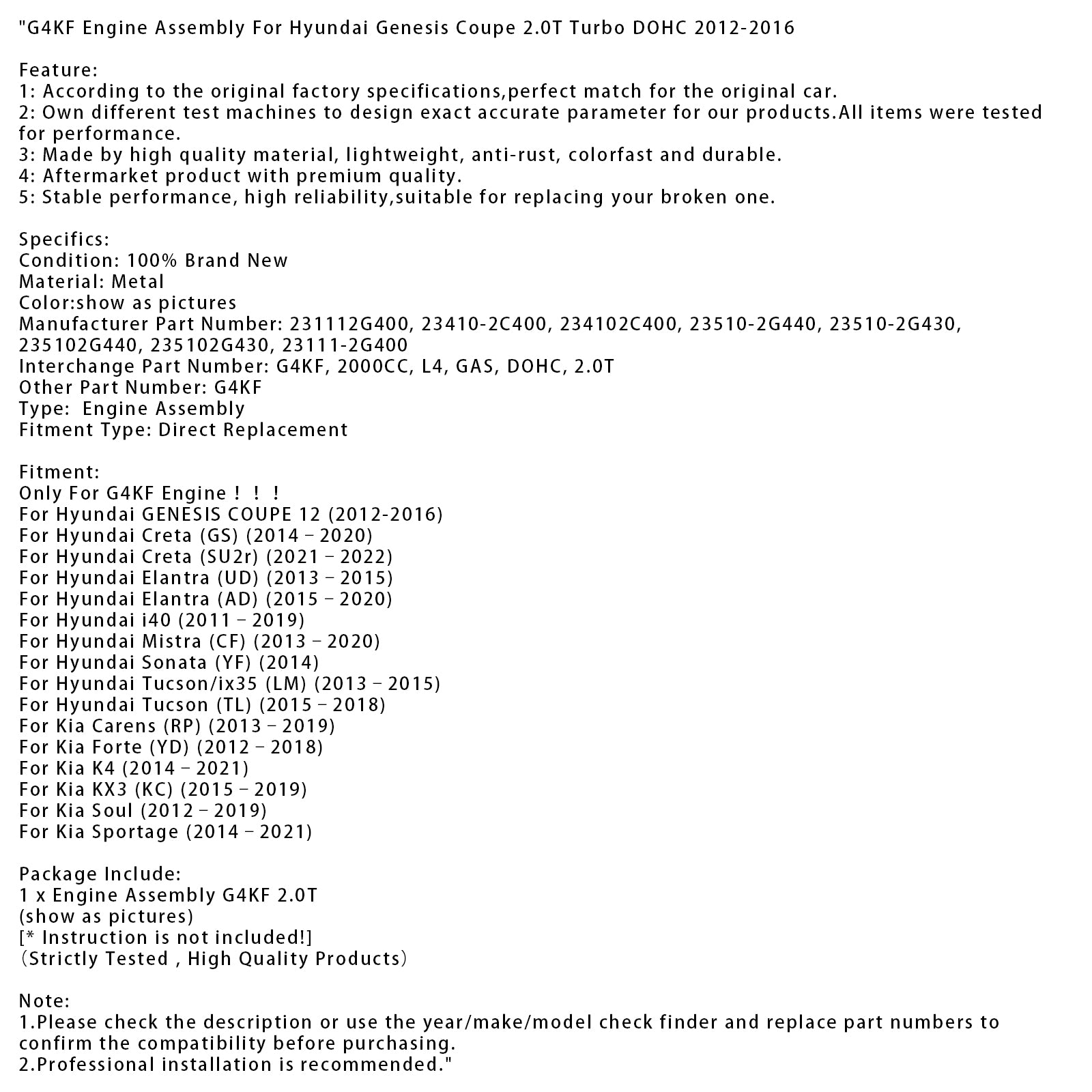 G4KF Engine Assembly For Hyundai Genesis Coupe 2.0T Turbo DOHC 2012-2016