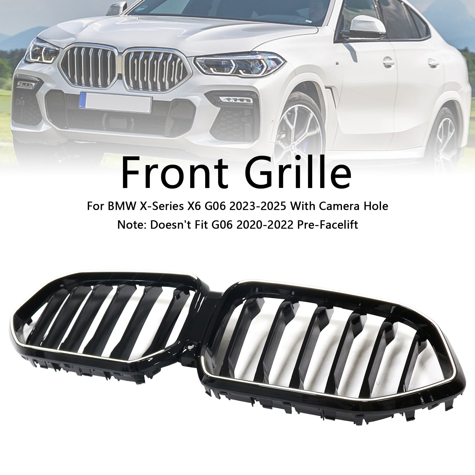 2023-2025 BMW X6 G06 M60i con orificio para cámara Parrilla de parachoques delantero negra