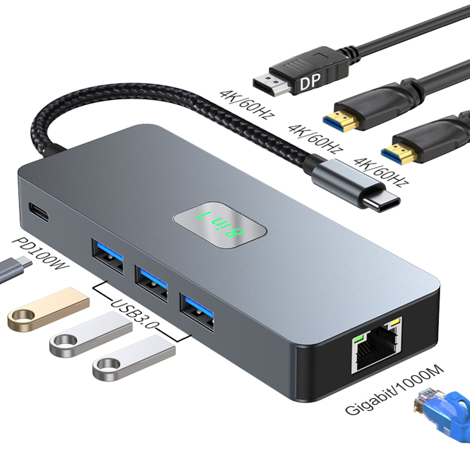 8 en 1 TYPE-C vers RJ45 Gigabit USB 3.0 HDMI DP PD100W Interface Hub adaptateur Dock