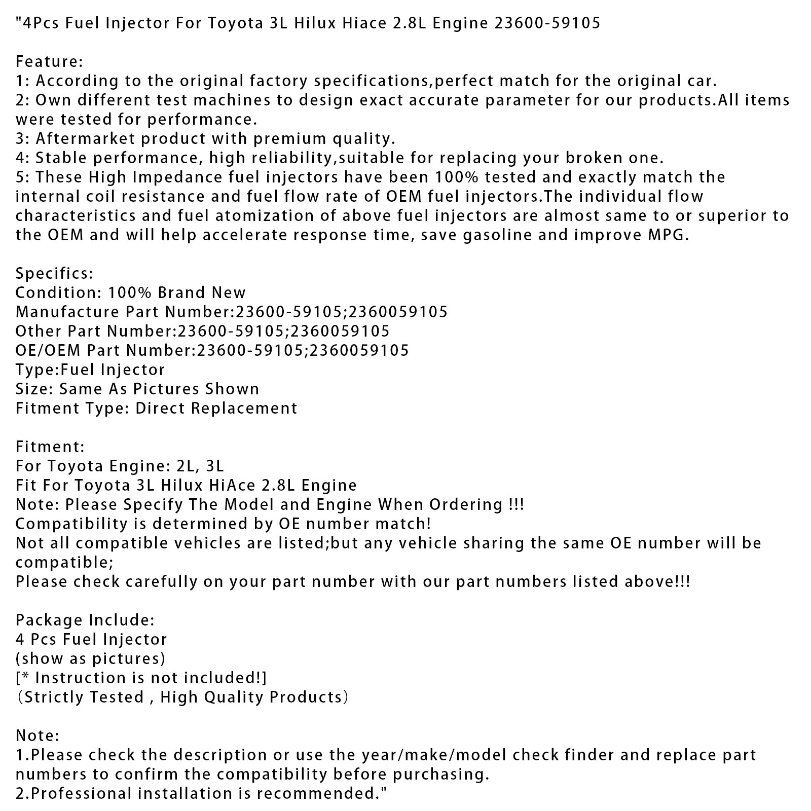 4Pcs Fuel Injector For Toyota 3L Hilux Hiace 2.8L Engine 23600-59105