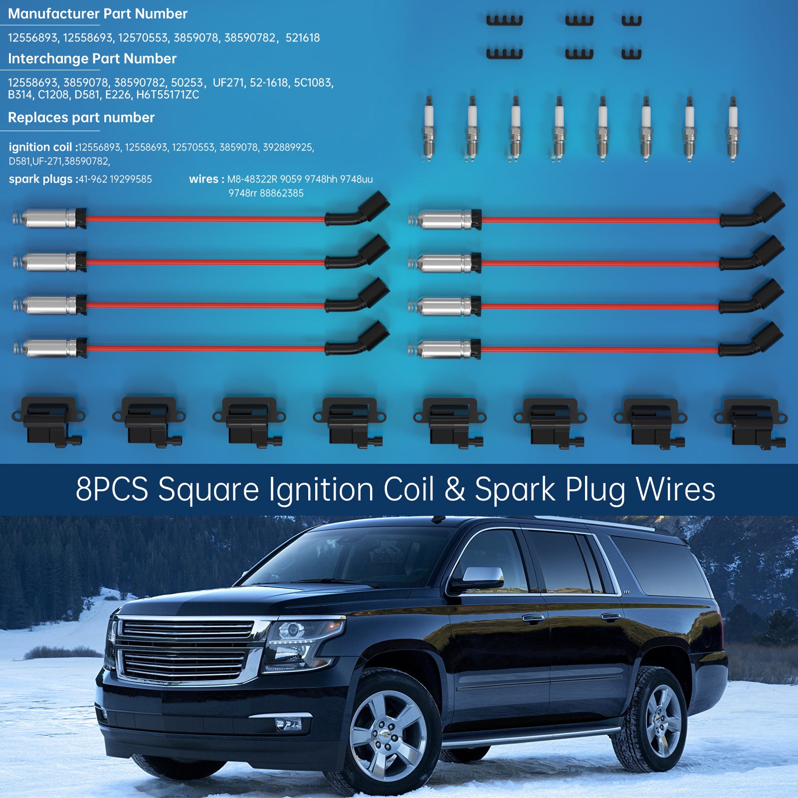 2002-2006 Cadillac Escalade Chevrolet avalanche 1500 8 Pack Square Ignition Coil & Spark Plug Wire 12556893 12558693 12570553 3859078 38590782 521618