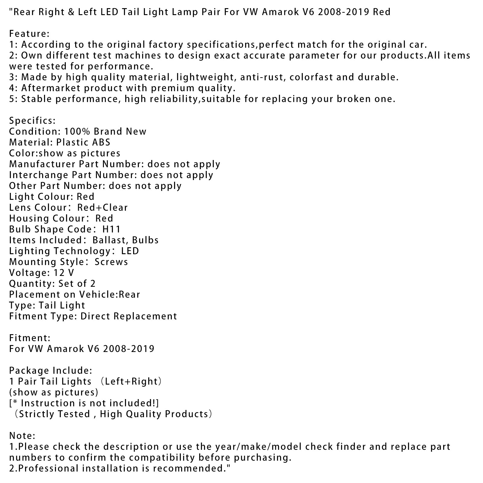 VW Amarok V6 2008-2019 Zadný pravý & Pár ľavých zadných LED svetiel, červených