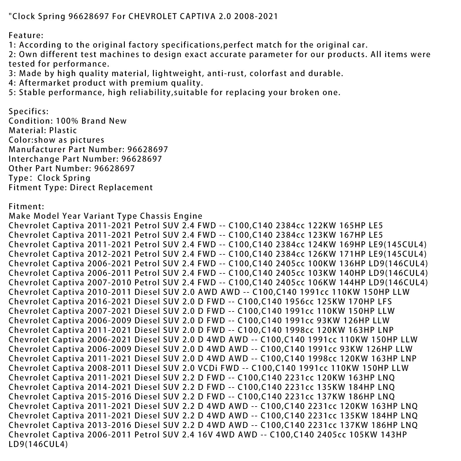 Spring de relógio 96628697 para Chevrolet Captiva 2.0 2008-2021
