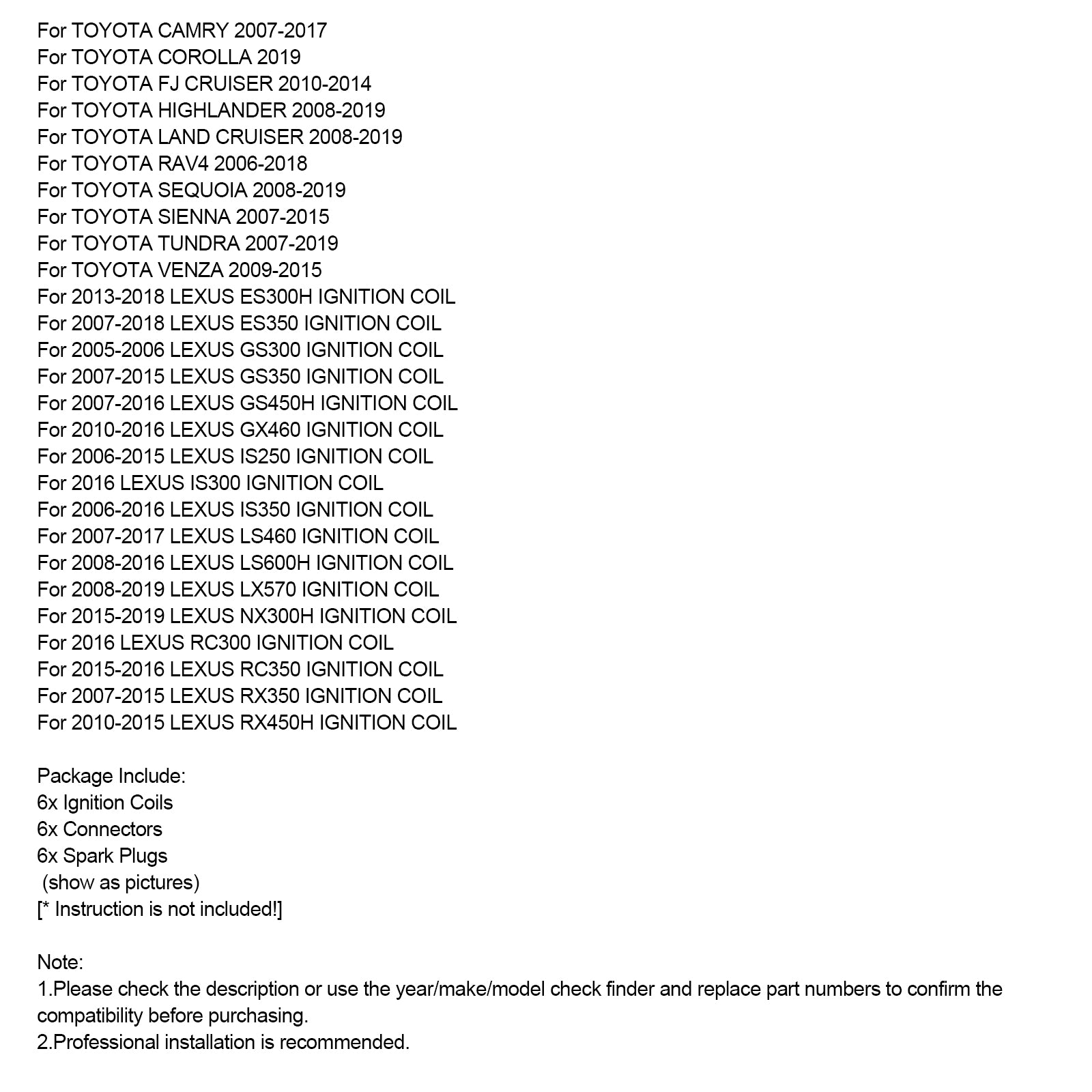 6 bobinas de ignição+conectores+plugue de ignição UF487 90919-02251 para Toyota Sienna 3.5L