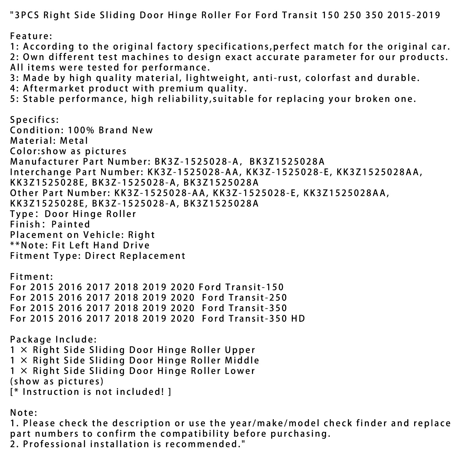 2015-2020 Ford Transit-350 3PCS rechter schuifdeur scharnierrol