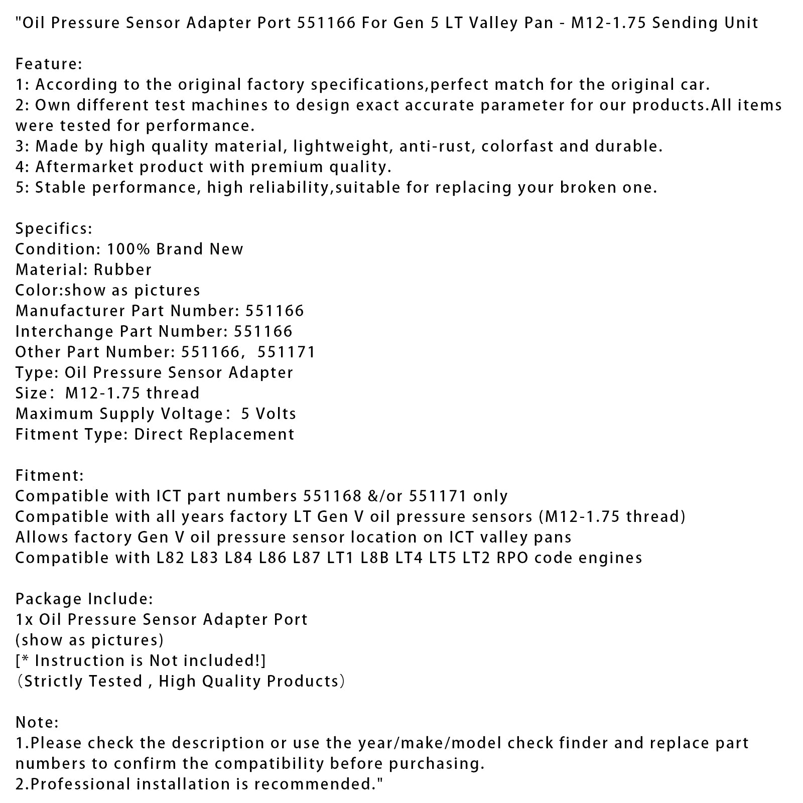 Oil Pressure Sensor Adapter Port 551166 For Gen 5 LT Valley Pan - M12-1.75