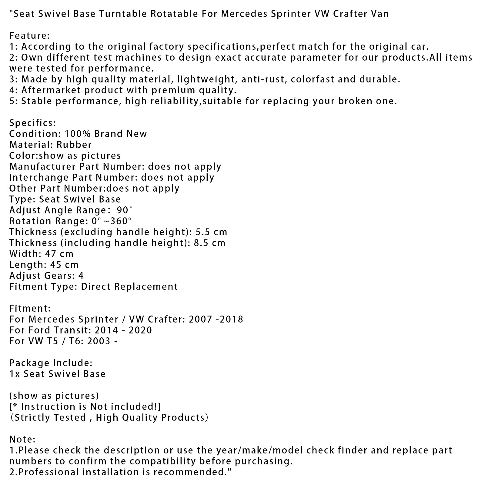 2007 -2018 Mercedes Sprinter / VW Crafter Seat Swivel Base Turntable Rotatable